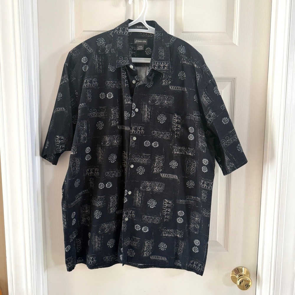 St Johns Bay Island Style Mens‎ Large Black White Tribal Batik Cotton Shirt L